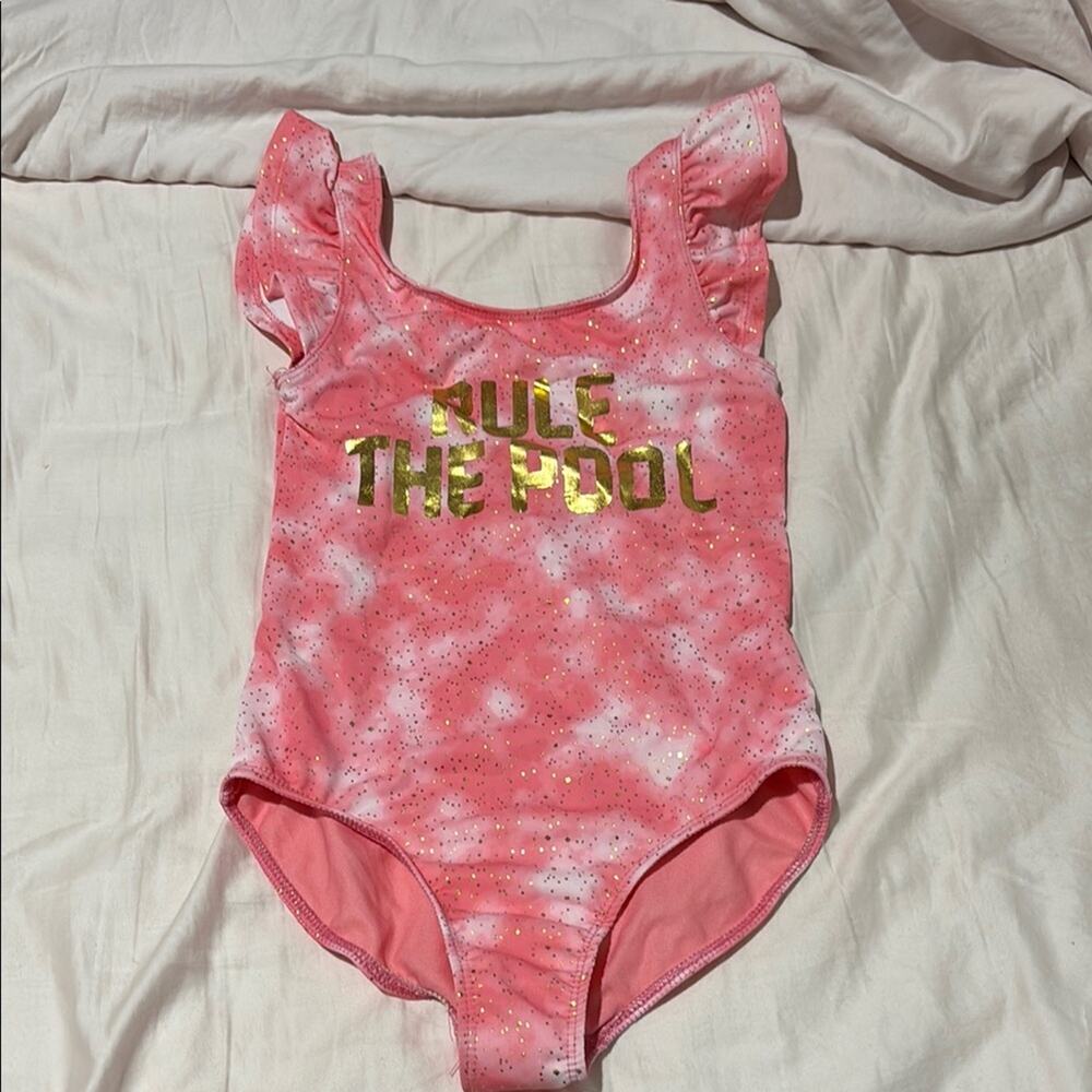 Young Hearts 7/8 Pink Ruffle Kids One Piece Swimsuit rule the pool graphic nwt